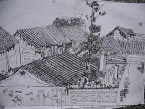 线描风景画——《小桥、流水、人家...》 黑白线描风景画