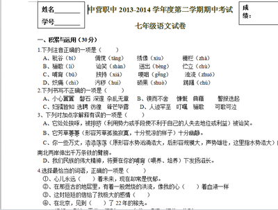 中营职中2013-2014学年度第二学期期中考试七年级语文试卷 教师学年度述职报告