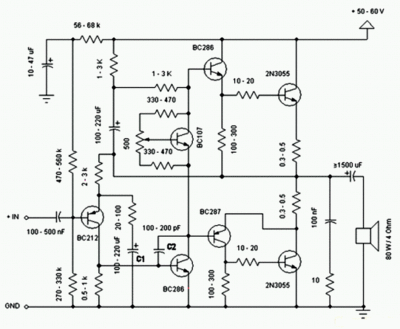 利用2N3055构成的20W甲类暖声功放电路图 纯甲类功放电路图