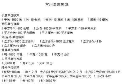 小学数学常用单位换算表 小学常用单位换算表