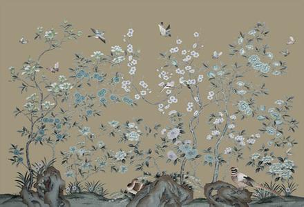 花鸟图案手绘真丝墙纸 中国风壁纸，花鸟手绘墙纸效果图