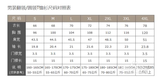 t恤尺码对照表 男装翻领/圆领定制T恤衫尺码对照表