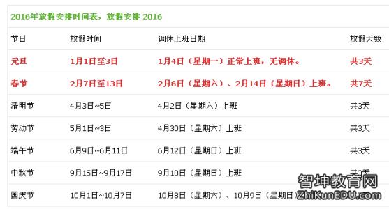 假期2016安排时间表 2016年全年放假安排时间表