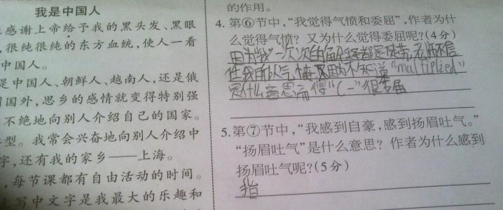我是中国人阅读理解答 我是中国人阅读理解题答案