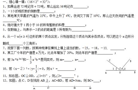 初一上册数学期末试卷 初一数学上册期末考试试卷