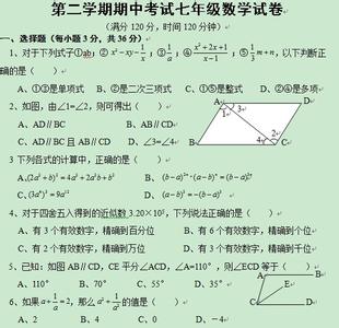 初一数学下册期中考试 七年级数学期中考试题