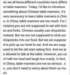 中国餐桌礼仪英语作文 八年级英语作文中国餐桌礼仪