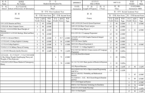 大学中英文成绩单模板 大学中英文成绩单模板范文