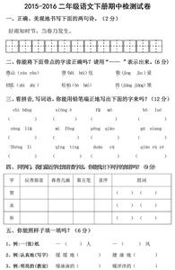 二年级期中考试卷语文 二年级下册期中语文试卷