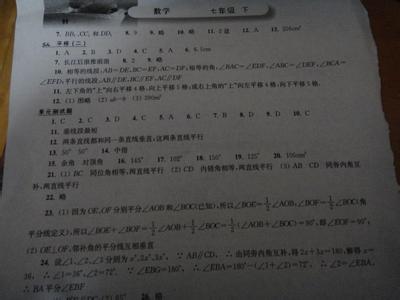 初一下数学作业本答案 七年级数学下册作业本答案