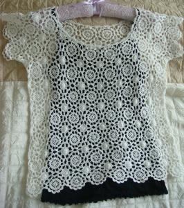 女士亚麻短袖衫 纯美的白色蕾丝拼花短袖衫,女士春夏编织,快乐编织论坛