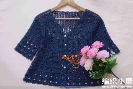 百搭针织衫 简洁百搭钩针中袖V领蓝色镂空开衫