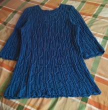 longxueshengdi 套头衫  longlongdi手工——帘卷竹影——牛仔蓝色纯棉长款中袖缕空衫