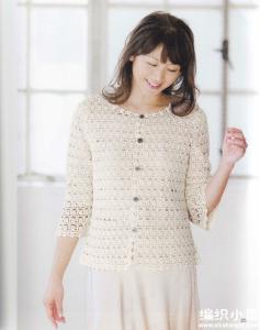 浅米色 【女款系列】文静的浅米色钩针长袖镂空小开衫