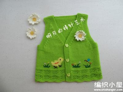 开襟毛背心的编织方法 儿童果绿色可爱提花开襟背心