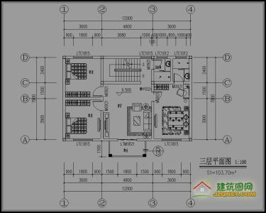 农村三层房屋设计图 三层农村房屋设计图,12X8米100平方米30万以内,编号:J171