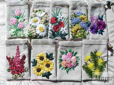 布艺束口袋 【布艺包包】 旧布改造的丝带绣束口袋