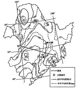 高考语文图文转换题 降雪 阅读图文资料，完成下列各题。下图示意某区域多年平均降雪量与雪期（从当年初雪日到次年终雪日的天数）的空