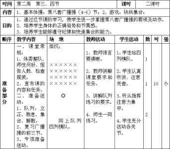 一年级下册体育课教案 体育课广播操教案 一年级体育课第八套广播操教案范文