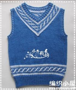 双色提花毛衣编织图解  【童装系列】蓝白双色复古提花儿童V领背心