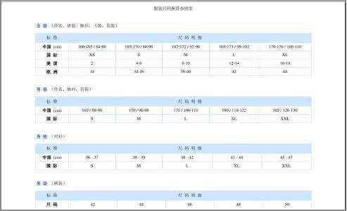 服装尺码换算参照表 尺码对照 服装尺码换算参照表